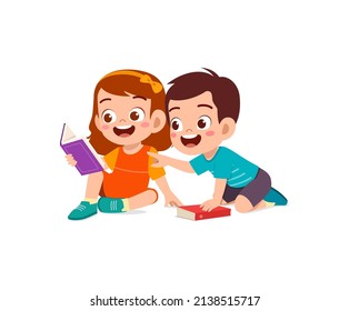 little boy and girl read book together