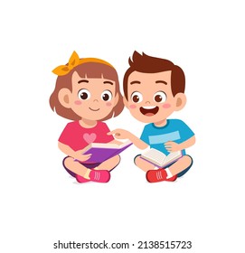 little boy and girl read book together