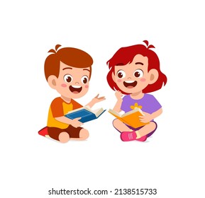 little boy and girl read book together