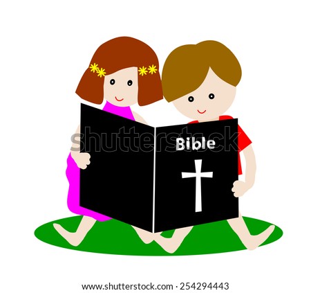 Little Boy Girl Reading Bible Isolated Stock Vector (Royalty Free ...