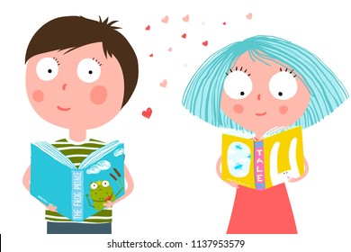 Little Boy and Girl Reading Book. Young kids reading books colorful cartoon. Vector cartoon.