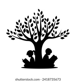 Little boy and little girl reading book under the tree silhouette, love reading, kids reading books