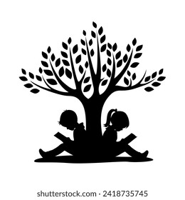 Little boy and little girl reading book under the tree silhouette, love reading, kids reading books