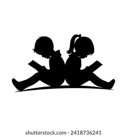 Little boy and little girl reading book silhouette, love reading, kids reading books