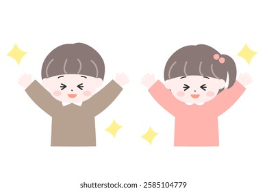 Little boy and girl rejoicing with their hands up