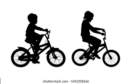 Little boy and girl riding bicycle vector silhouette illustration isolated on white background. Brother and sister enjoying in bike drive. Happy family kids active outdoor. Leisure time for children.