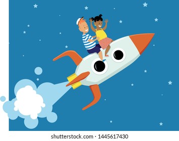 Little boy and girl riding a cartoon rocket ship to space, EPS 8 vector illustration