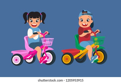 little boy and girl riding their tricycles, cartoon design, vector illustration (set 2/8), big black eyes, black hair, Asian, Arab, Latino, Caucasian,