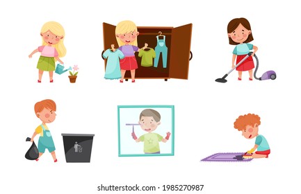Little Boy and Girl Rubbing Carpet and Vacuum Cleaning Vector Set