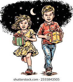 a little boy and girl running carrying a gift box