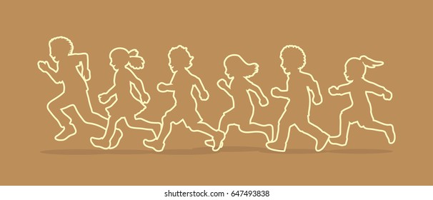 Little boy and girl running, Group of Children running, play together outline graphic vector
