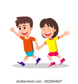 little boy and girl running together holding hands