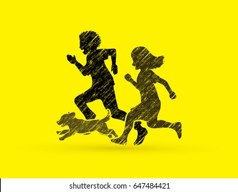 Little boy and girl running together with puppy dog designed using black grunge texture graphic vector