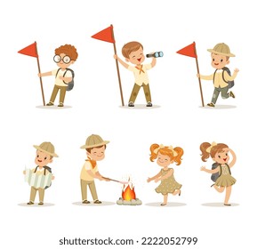 Little Boy and Girl Scouts with Backpack and Binoculars Engaged in Hiking and Camping Activity Vector Set