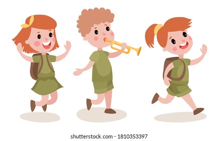 Little Boy and Girl Scouts in Camping Uniform Holding Trumpet Walking Vector Illustration Set