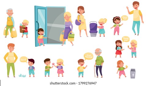 Little Boy and Girl Sharing Trees and Yield Seat Vector Illustration Set