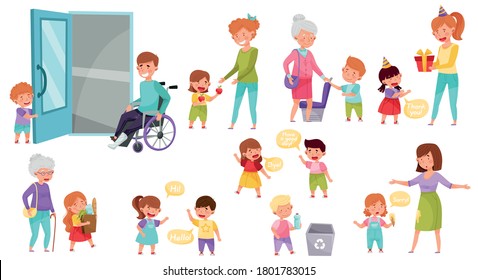 Little Boy and Girl Sharing Treats and Yielding Seat Vector Illustration Set