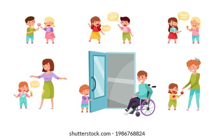 Little Boy and Girl Sharing Treats, Greeting and Apologizing Vector Illustration Set