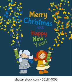 Little boy and girl shooting firecracker or fireworks. Adorable kids in winter clothes playing outdoor. Christmas celebration children cartoon vector illustration. Simple cute xmas motif. 
