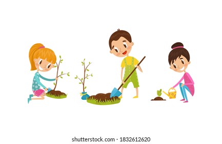 Little Boy and Girl with Shovel Planting Tree and Watering Seedling Vector Illustration Set