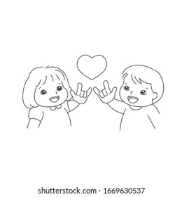 Kleiner Junge und Mädchen zeigen ihre Hand, die Zeichensprache "Ich liebe dich". Taube englische Grundbegriffe in Line Art einzeln auf weißem Hintergrund.Vektorillustration