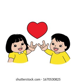 little boy and girl show their hand, the sign hand language "I love you". Deaf English basic words in cartoon art isolated on white background. vector