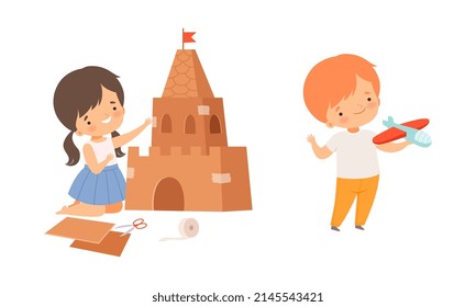 Little Boy and Girl Showing Handcrafted Paper Castle and Plane Vector Illustration Set