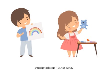 Little Boy and Girl Showing Paper with Drawing and Handcrafted Plasticine Bear Vector Illustration Set