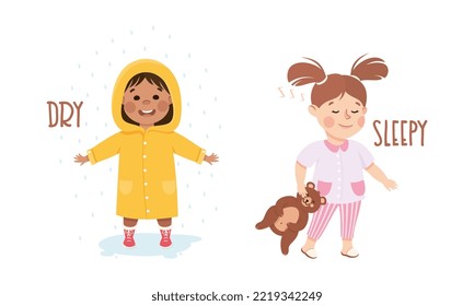 Little Boy and Girl Showing Sense of Being Sleepy Going to Bed and Dry Wearing Coat in Rainy Day Vector Set