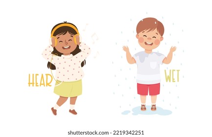 Little Boy and Girl Showing Sense Hearing Music in Headphones and Getting Wet from Rain Vector Set