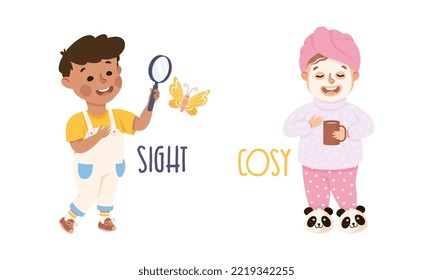 Little Boy and Girl Showing Sense of Sight Watching Butterfly with Magnifying Glass and Cosy Tea Drinking Vector Set