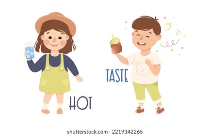 Little Boy and Girl Showing Sense Tasting Cake and Drinking Water in Hot Weather Vector Set