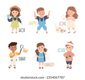 Little Boy and Girl Showing Sense Vector Illustration Set