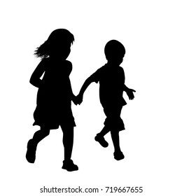 Little Boy And Girl Silhouette Running Together On White Background, Vector Illustration