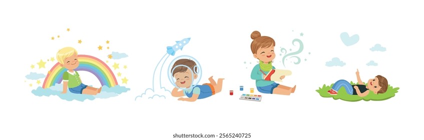 Little Boy and Girl Sit and Dreaming of Something Vector Set