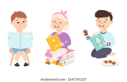 Little Boy and Girl Sitting and Enjoying Reading Book Vector Set