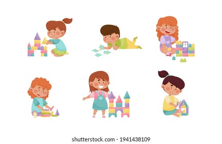 Little Boy and Girl Sitting on the Floor and Playing with Construction and Puzzle Toy Vector Set