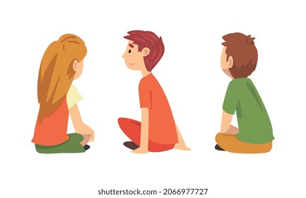 Little Boy and Girl Sitting on the Floor and Listening to Fairytale Vector Set