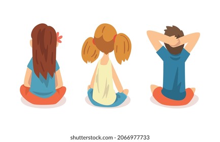 Little Boy and Girl Sitting on the Floor and Listening to Fairytale Vector Set
