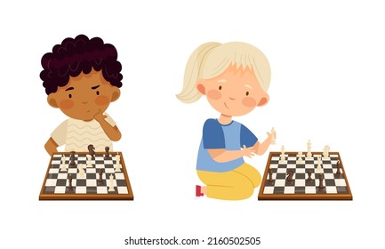 Little boy and girl sitting on floor playing chess game cartoon vector illustration