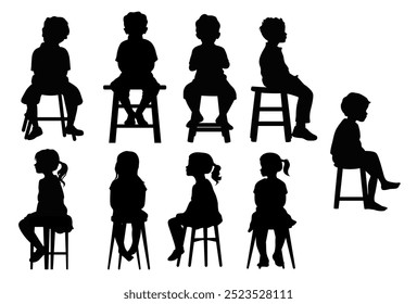 Little boy and little girl sitting on chair silhouette, vector silhouette of child sitting	
