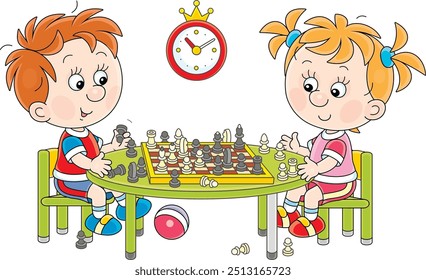 Menino e menina sentado na pequena mesa e jogando xadrez, ilustração de desenho animado de vetor em um fundo branco