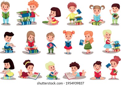 Little Boy and Girl Sitting and Standing Reading Book Vector Illustrations Set