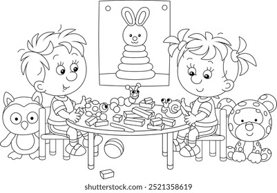 Menino e menina sentados à mesa e fazendo figurinhas de animais engraçados de plástico em um berçário com brinquedos engraçados, ilustração de desenhos animados vetoriais em preto e branco para um livro de colorir