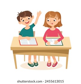 Little boy and girl sittingat the desk. Flat vector illustration in cartoon style.