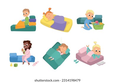 Little Boy and Girl Sleeping and Getting Ready to Bed Vector Set