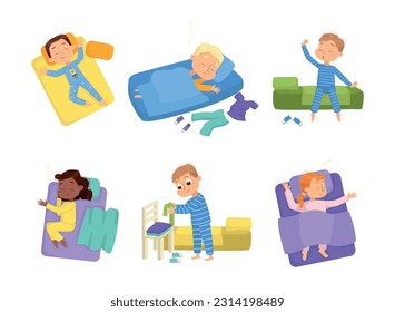 Little Boy and Girl Sleeping and Getting Ready to Bed Vector Set