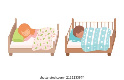 Little Boy and Girl Sleeping Sweetly on Soft Pillow Under Blanket in Their Bed Vector Set