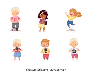 Little Boy and Girl with Smartphone and Camera Taking Photo Vector Illustration Set