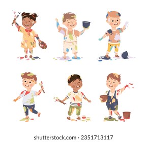 Little Boy and Girl Smeared in Paints Holding Artist Brush Vector Illustration Set